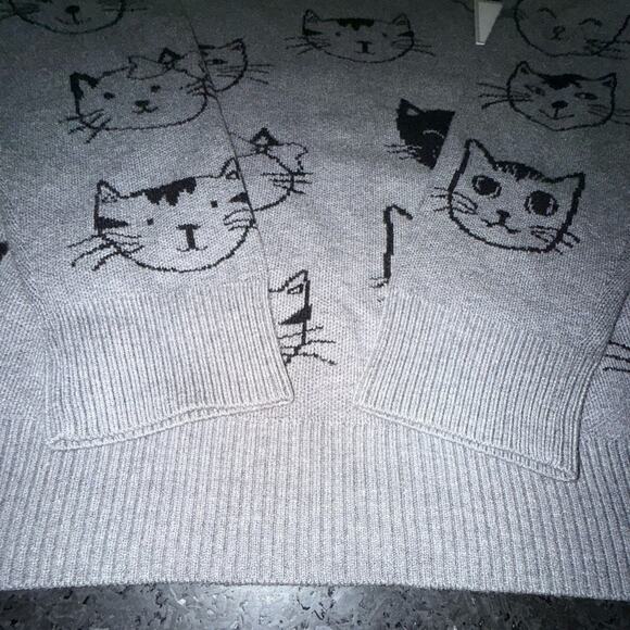 NEW ANTHROPOLOGIE CALLIGRAPHIE GREY SWEATER BLACK CAT FACE PRINT ALL OVER SZ 1X - Picture 6 of 9